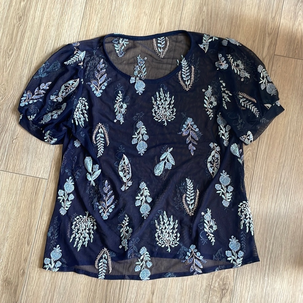 Sheer Blue Floral Embroidered Shirt